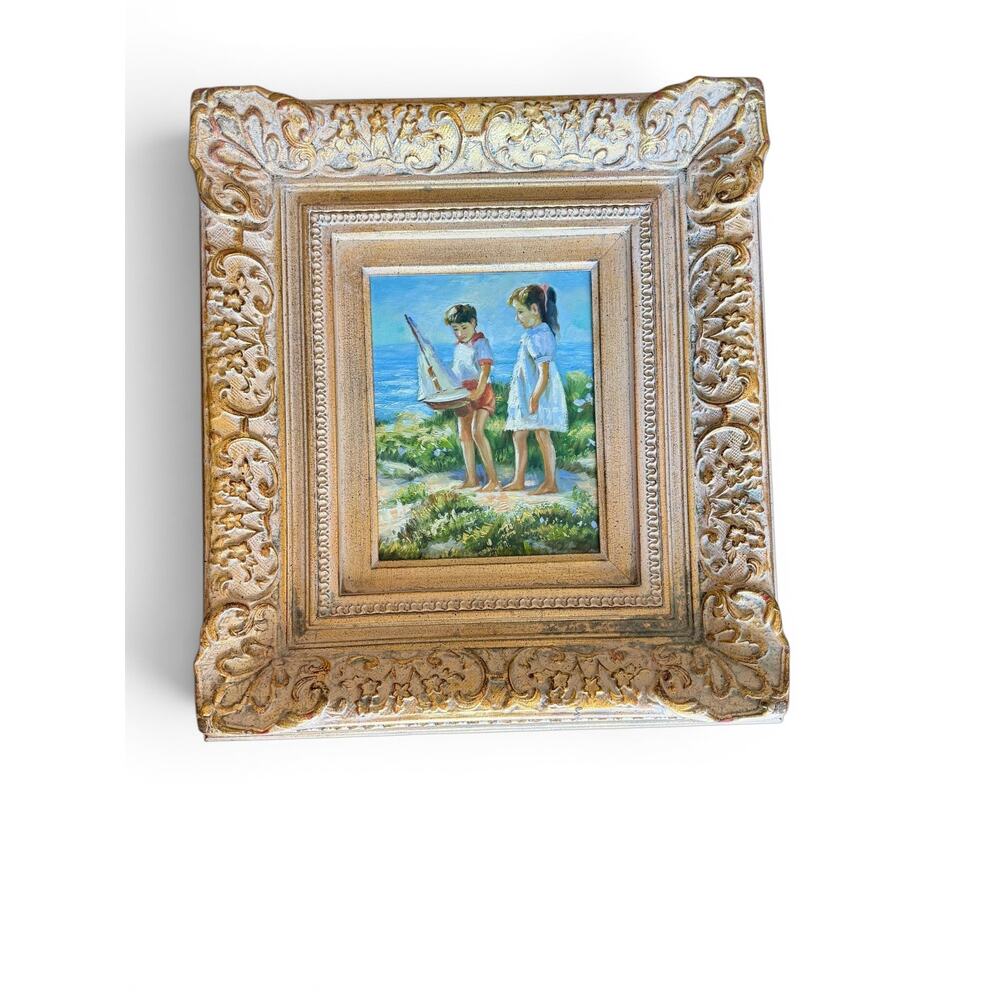 Vintage Coastal Oil Painting-Children-Sailboat-Ornate Gilt Wood Frame-Art-Beach - Picture 11 of 11